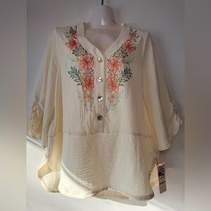 Ruby Rd. Cream Embroidered Floral 3/4 sleeve  Henley top women size M
